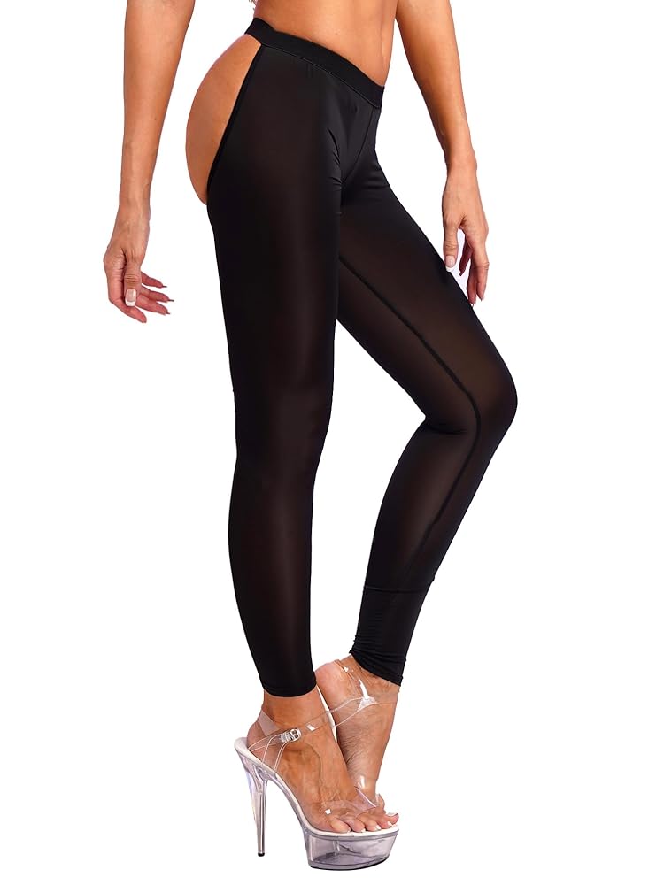 Jugaoge Womens Sexy Shiny Open Butt Leggings Solid Color